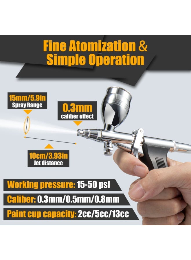 KISSUN Airbrush Kit, Air Brush Painting Set, Double Action Trigger Airbrush Gun with 0.3mm/0.5mm/0.8mm Needles, 2cc/5cc/13cc Paint Cup, Airbrush Spray Tool Set for Painting Nails Cake Tattoo Makeup - Image 5